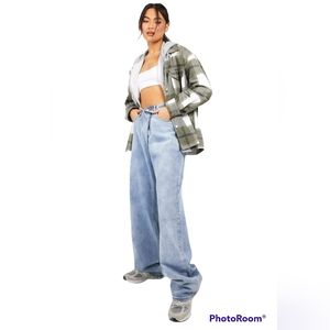 NWT Boohoo Tonal Plaid Trucker Shacket Jacket Sz L oversized green